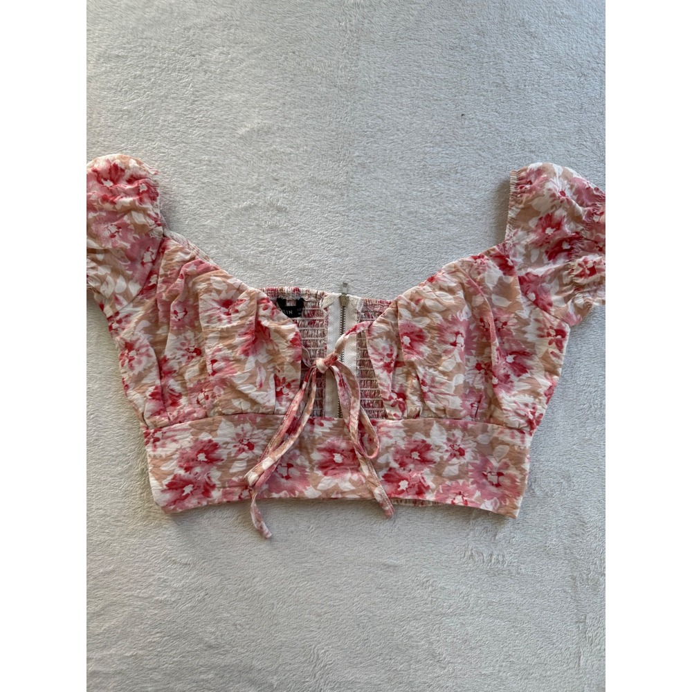 Crop Top Womens XS Pink Floral Tie Front Smocked Back Zipper Short Sleeve